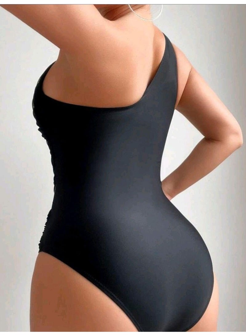 شي إن SHEIN- Swim Summer Beach Women's Fashionable Ruffled Asymmetrical Shoulder One-Piece Swimsuit - Image 3